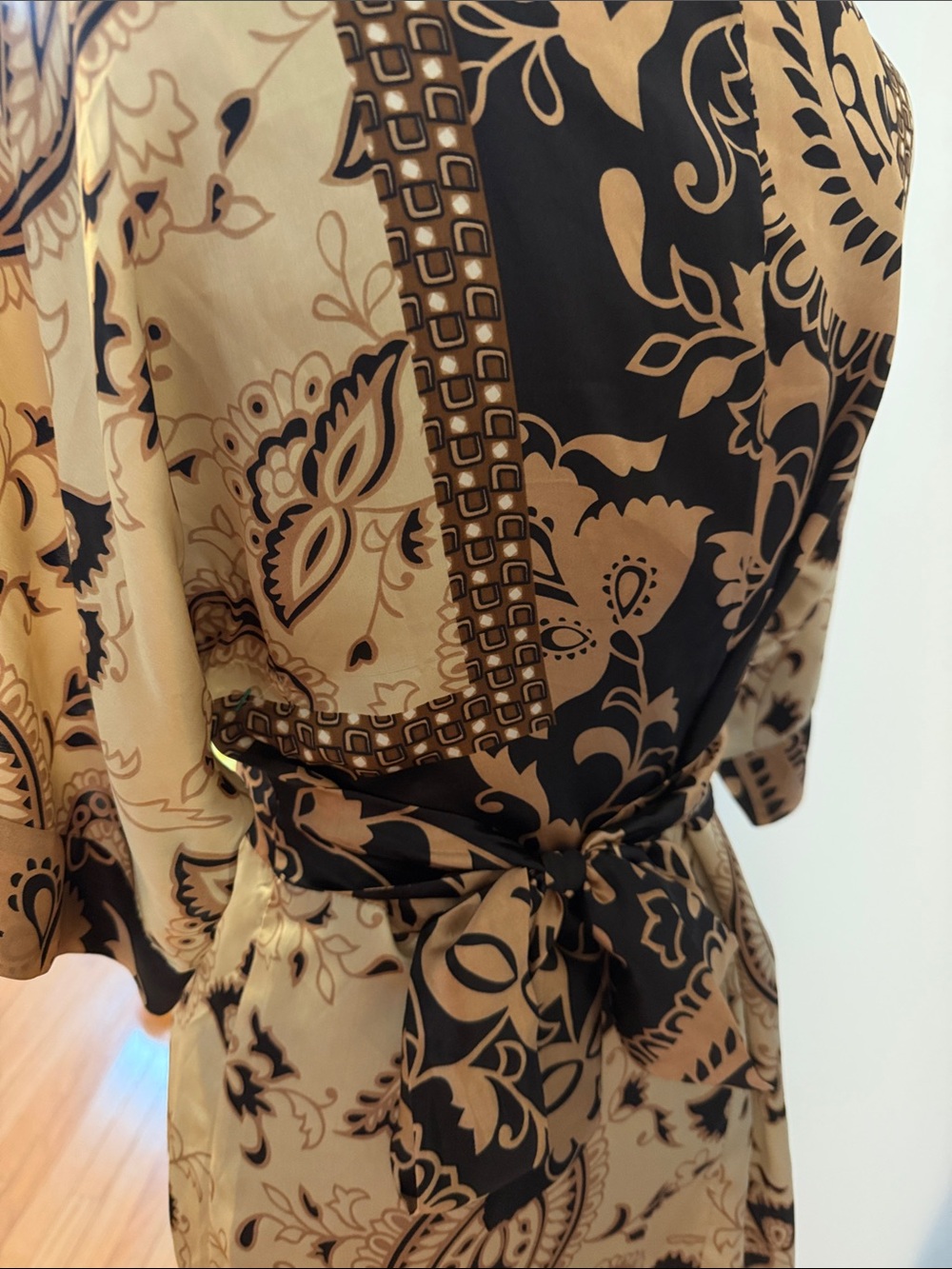 100% Silk Floral Paisley Wrap Dress look in Black & Champagne - Picture 4 of 4